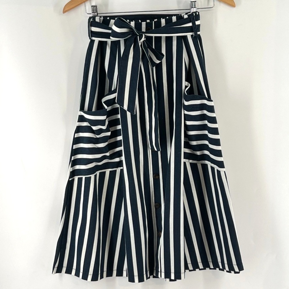 Linen Blend Striped Midi Skirt M Navy White Nautical Coastal Retro High Waist 28